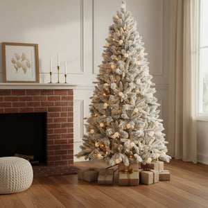 HomeRoots 7.5' White Pre Lit Flocked Fir Christmas Tree - Snowy Elegance with Multicolored LED Lights for Festive Joy 96 694872