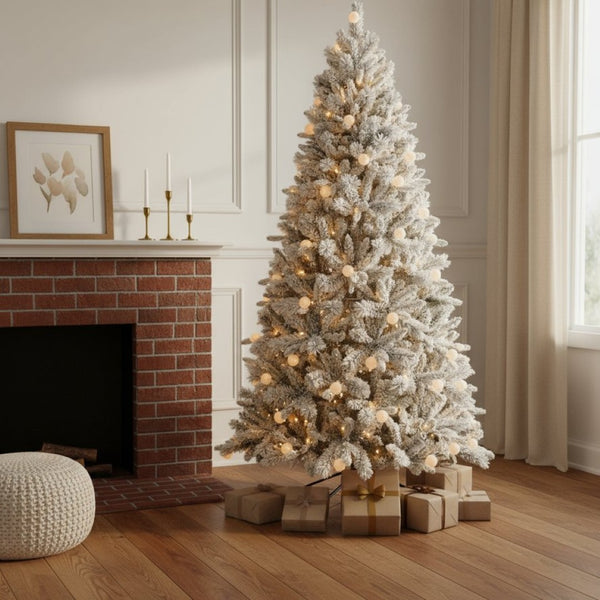 HomeRoots 7.5' White Pre Lit Flocked Fir Christmas Tree - Snowy Elegance with Multicolored LED Lights for Festive Joy 96 694872