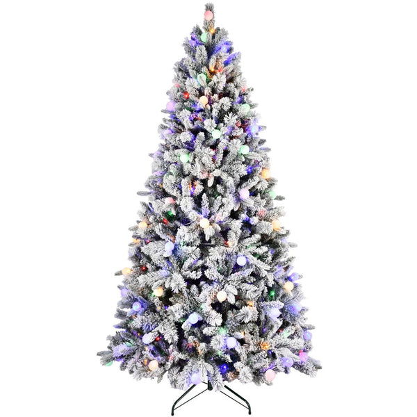 HomeRoots 7.5' White Pre Lit Flocked Fir Christmas Tree - Snowy Elegance with Multicolored LED Lights for Festive Joy 96 694872