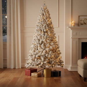 HomeRoots 6' Elegant Pre-Lit Flocked Fir Christmas Tree with 300 LED Lights for a Cozy Winter Wonderland Ambiance 72 694885