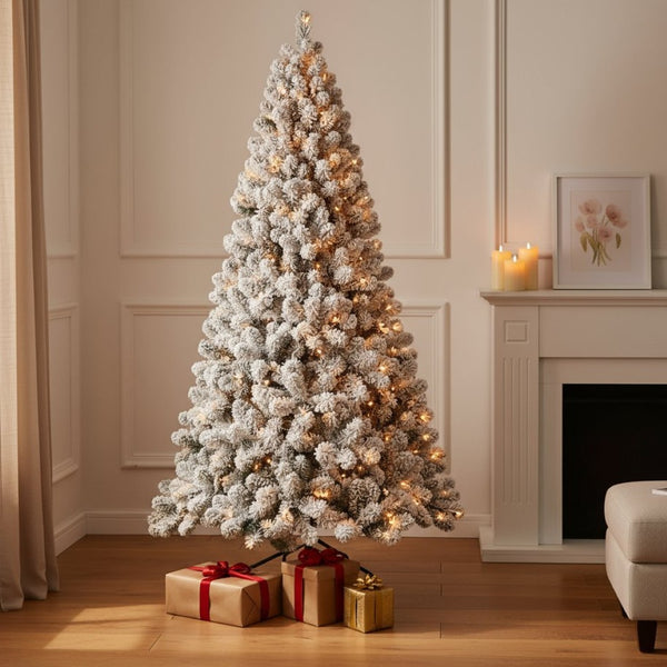 HomeRoots 6' Elegant Pre-Lit Flocked Fir Christmas Tree with 300 LED Lights for a Cozy Winter Wonderland Ambiance 96 694886