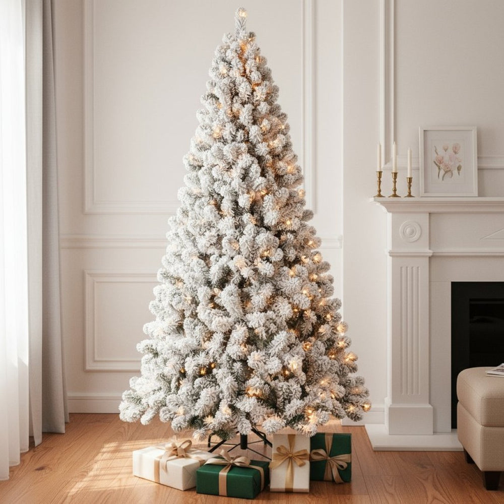 HomeRoots 6' Elegant Pre-Lit Flocked Fir Christmas Tree with 300 LED Lights for a Cozy Winter Wonderland Ambiance 108 694887
