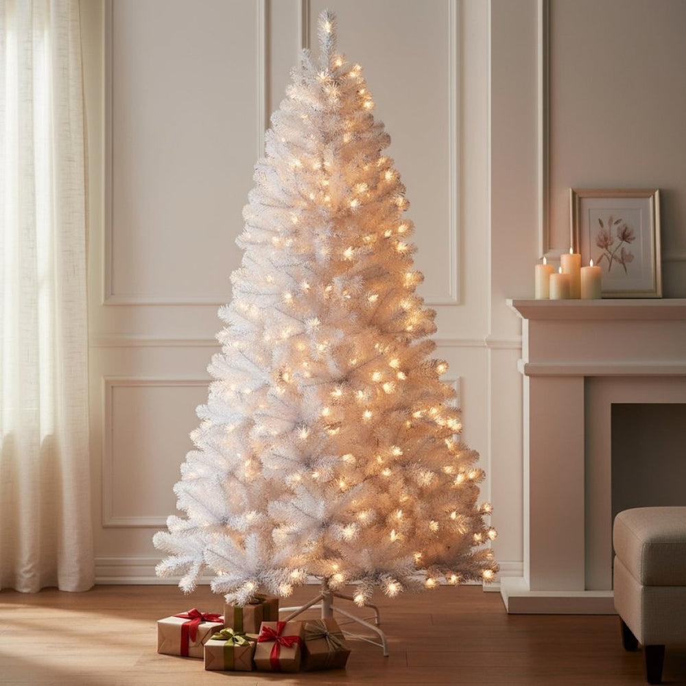 HomeRoots 9' White Pre-Lit Pine Christmas Tree - Stunning Holiday Centerpiece with 650 Warm Lights & Full Branch Tips 108 694889
