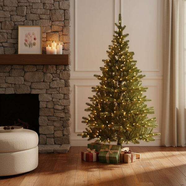 HomeRoots 6' Pre Lit Sparse Fir Christmas Tree - Modern Design with 300 Warm White LEDs for Effortless Holiday Charm 72 694891