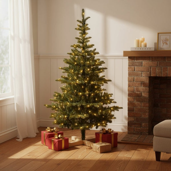 HomeRoots 6' Pre Lit Sparse Fir Christmas Tree - Modern Design with 300 Warm White LEDs for Effortless Holiday Charm 96 694893