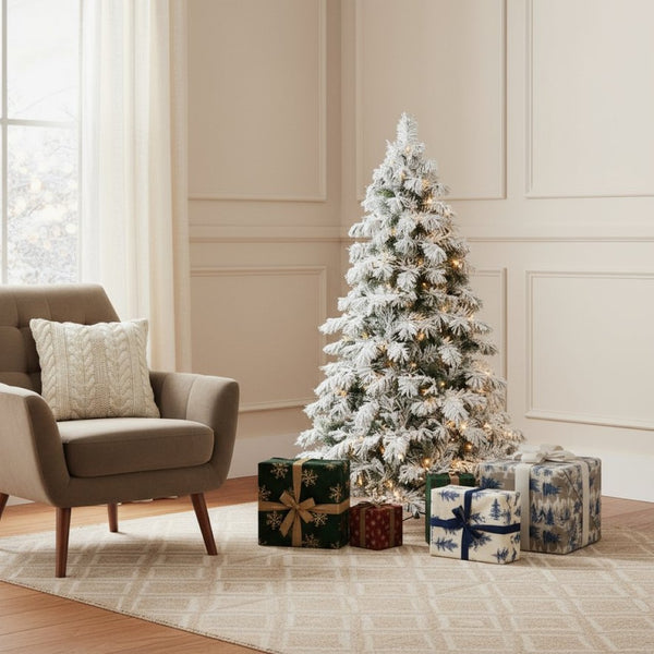 HomeRoots 5' White Pre-Lit Flocked Fir Christmas Tree - Elegant Snowy Centerpiece with Warm LED Glow & Durability 60 694894