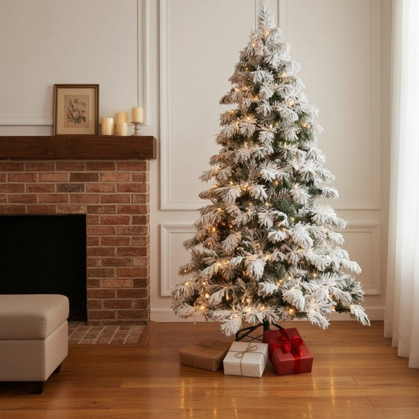 HomeRoots 5' White Pre-Lit Flocked Fir Christmas Tree - Elegant Snowy Centerpiece with Warm LED Glow & Durability 72 694895