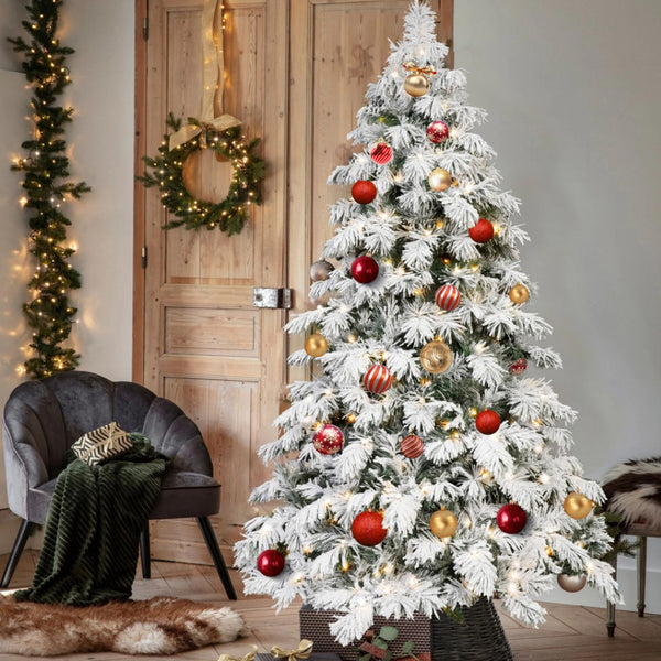 HomeRoots 5' White Pre-Lit Flocked Fir Christmas Tree - Elegant Snowy Centerpiece with Warm LED Glow & Durability 96 694897