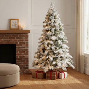 HomeRoots 5' White Pre-Lit Flocked Fir Christmas Tree - Elegant Snowy Centerpiece with Warm LED Glow & Durability 96 694897