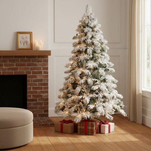 HomeRoots 5' White Pre-Lit Flocked Fir Christmas Tree - Elegant Snowy Centerpiece with Warm LED Glow & Durability 96 694897