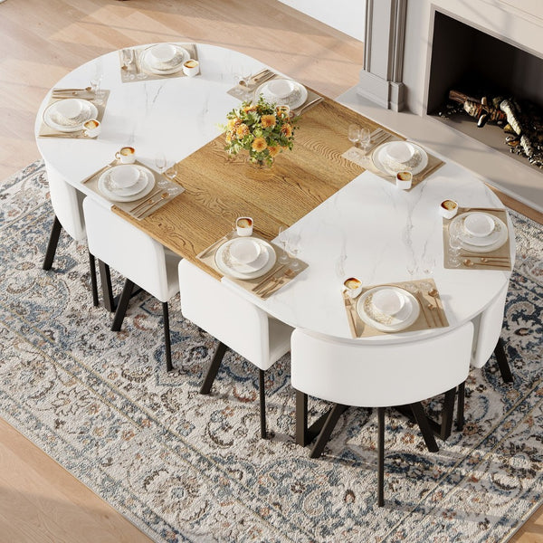English Elm 9-piece Oval Dining Set Seats 8 with Faux Marble Wood Top and Pu Leather Chairs W3875S00152