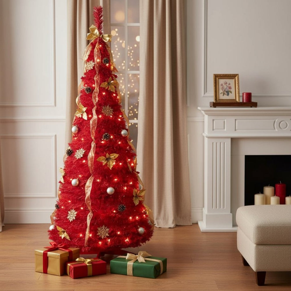 HomeRoots 6' Red Tinsel Christmas Tree - Pre-Lit & Ready-Decorated for Effortless Holiday Cheer Anywhere! 694901