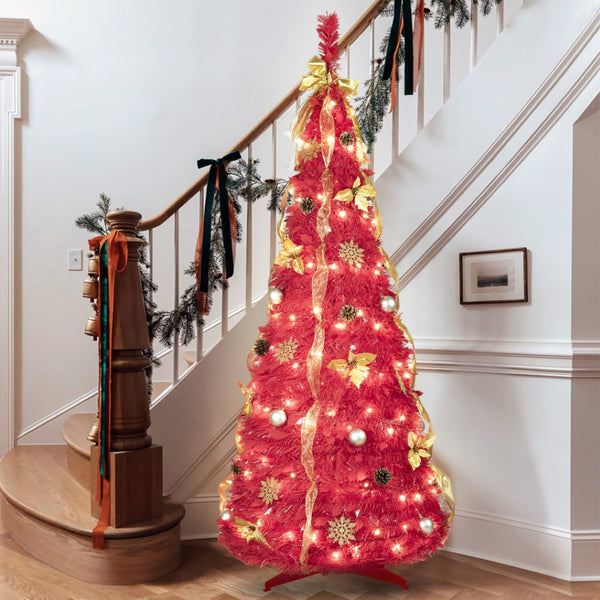 HomeRoots 6' Red Tinsel Christmas Tree - Pre-Lit & Ready-Decorated for Effortless Holiday Cheer Anywhere! 694901