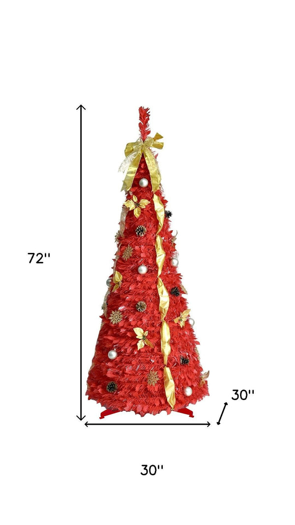 HomeRoots 6' Red Tinsel Christmas Tree - Pre-Lit & Ready-Decorated for Effortless Holiday Cheer Anywhere! 694901