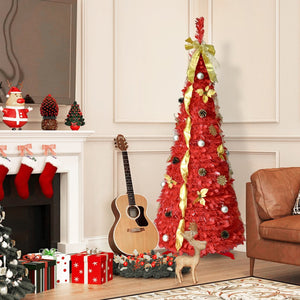 HomeRoots 6' Red Tinsel Christmas Tree - Pre-Lit & Ready-Decorated for Effortless Holiday Cheer Anywhere! 694901