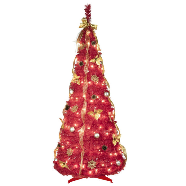 HomeRoots 6' Red Tinsel Christmas Tree - Pre-Lit & Ready-Decorated for Effortless Holiday Cheer Anywhere! 694901