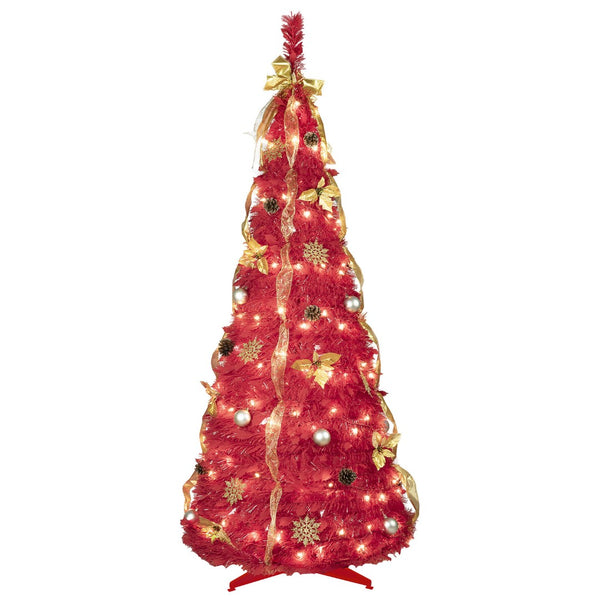 HomeRoots 6' Red Tinsel Christmas Tree - Pre-Lit & Ready-Decorated for Effortless Holiday Cheer Anywhere! 694901