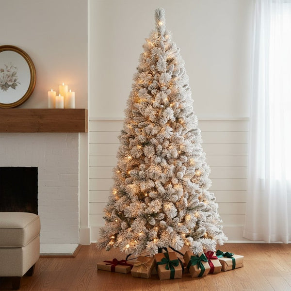 HomeRoots 6' White Pre-Lit Full Flocked Fir Christmas Tree - Snowy Elegance with 350 LED Lights for Your Home 84 694909