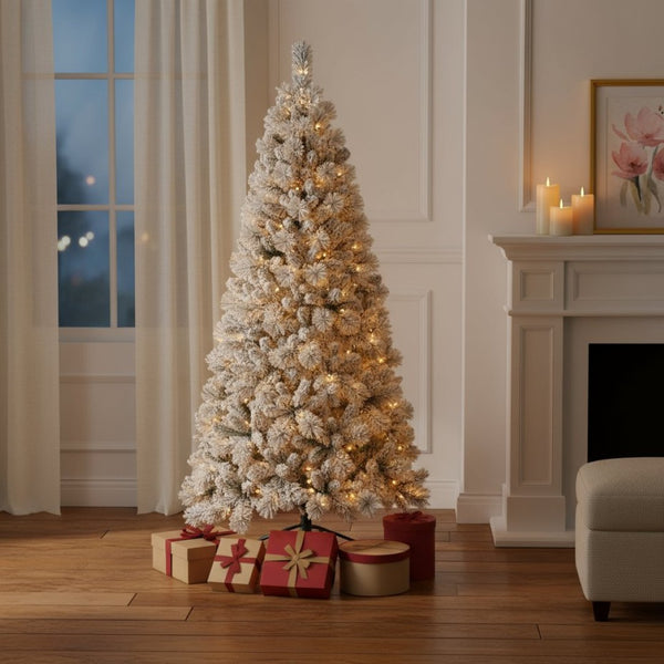 HomeRoots 6' White Pre-Lit Full Flocked Fir Christmas Tree - Snowy Elegance with 350 LED Lights for Your Home 90 694910