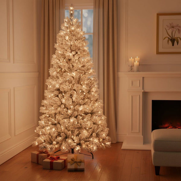HomeRoots 6' White Pre-Lit Full Flocked Fir Christmas Tree - Snowy Elegance with 350 LED Lights for Your Home 96 694911