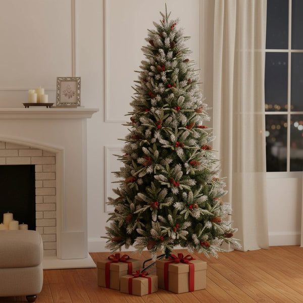 HomeRoots 5' Green and White Full Fir Christmas Tree with Frosted Tips, Pinecones, and Red Berries Decor 72 694915