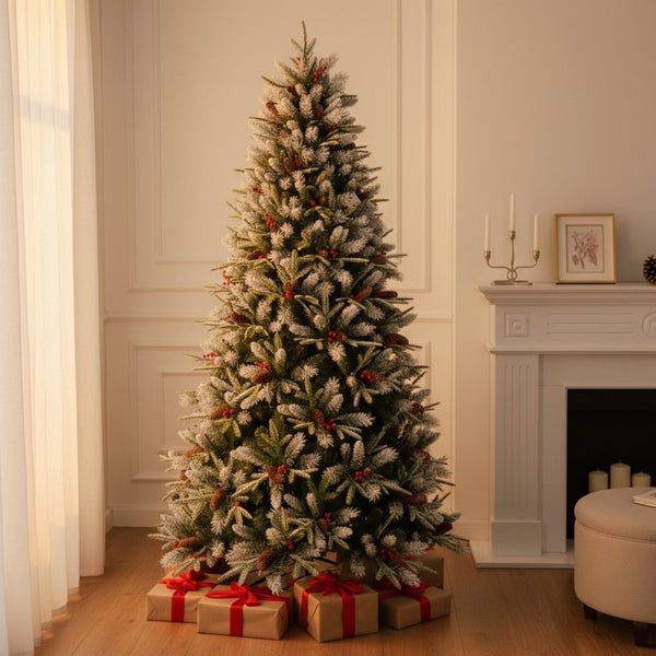 HomeRoots 5' Green and White Full Fir Christmas Tree with Frosted Tips, Pinecones, and Red Berries Decor 84 694916