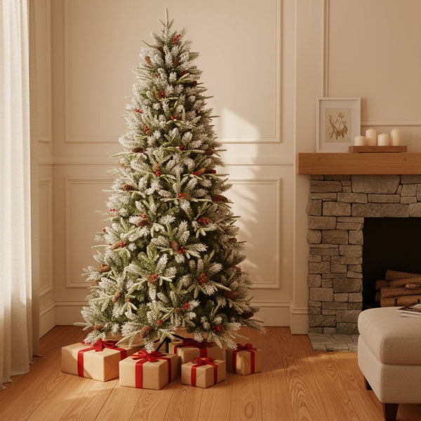 HomeRoots 5' Green and White Full Fir Christmas Tree with Frosted Tips, Pinecones, and Red Berries Decor 90 694917