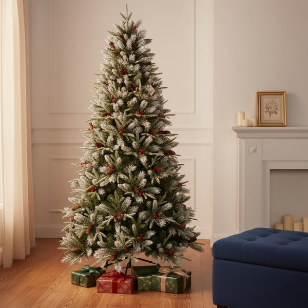 HomeRoots 5' Green and White Full Fir Christmas Tree with Frosted Tips, Pinecones, and Red Berries Decor 96 694918