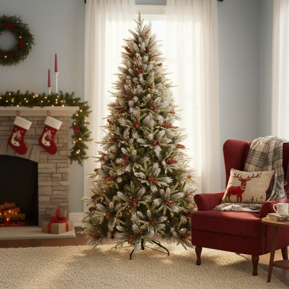 HomeRoots 5' Green and White Full Fir Christmas Tree with Frosted Tips, Pinecones, and Red Berries Decor 108 694919