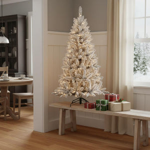 HomeRoots 4.5' White Pre-Lit Flocked Fir Christmas Tree – Lush, Elegant Holiday Centerpiece with LED Lights 54 694992