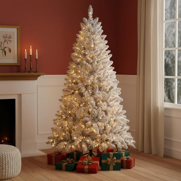 HomeRoots 4.5' White Pre-Lit Flocked Fir Christmas Tree – Lush, Elegant Holiday Centerpiece with LED Lights 84 694995