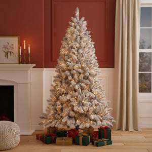 HomeRoots 4.5' White Pre-Lit Flocked Fir Christmas Tree – Lush, Elegant Holiday Centerpiece with LED Lights 90 694996