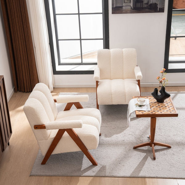 English Elm Mid-century Modern Chenille Lounge Chair Set Oak Frame Cloud Silhouette Living Room Beige W1170S00052