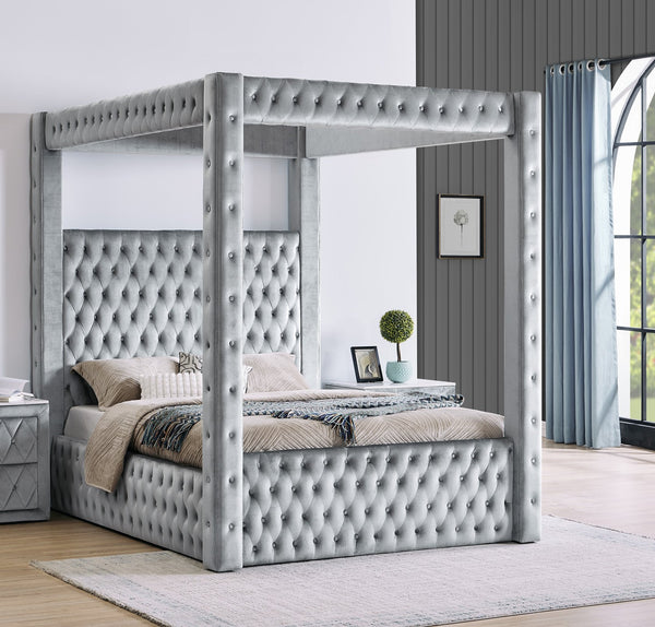 English Elm 1pc Majestic Canopy Four-Poster Queen Bed with Tufted Velvet Headboard & Footboard, Luxurious Statement Gray 62 L x 45.25 W x 7 H B2741S00128