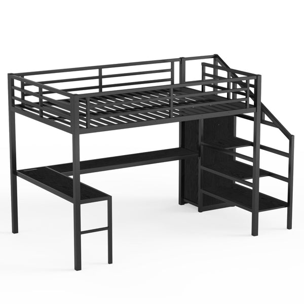 English Elm Twin Xl Metal Loft Bed with Stair Storage Shelves Sturdy Steel Frame for Dorms W1580S00063