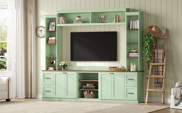 English Elm Unique Low Profile Media Console with Led Lighting Glass Shelves Fits Tvs to 105 Mint Green N721S000077M