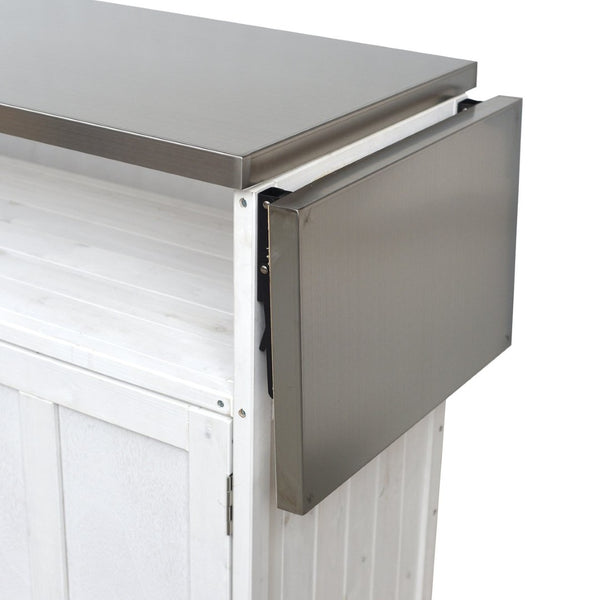 English Elm Foldable Outdoor Kitchen Cart with Stainless Worktop Fir Wood Frame and Lockable Wheels White N719P380279K