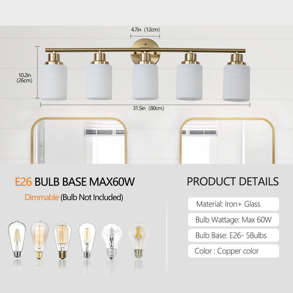 English Elm 31" Modern 5-Light Vanity Wall Sconce - Elegant Golden Finish With Frosted Glass For Stylish Illumination W2312P374814