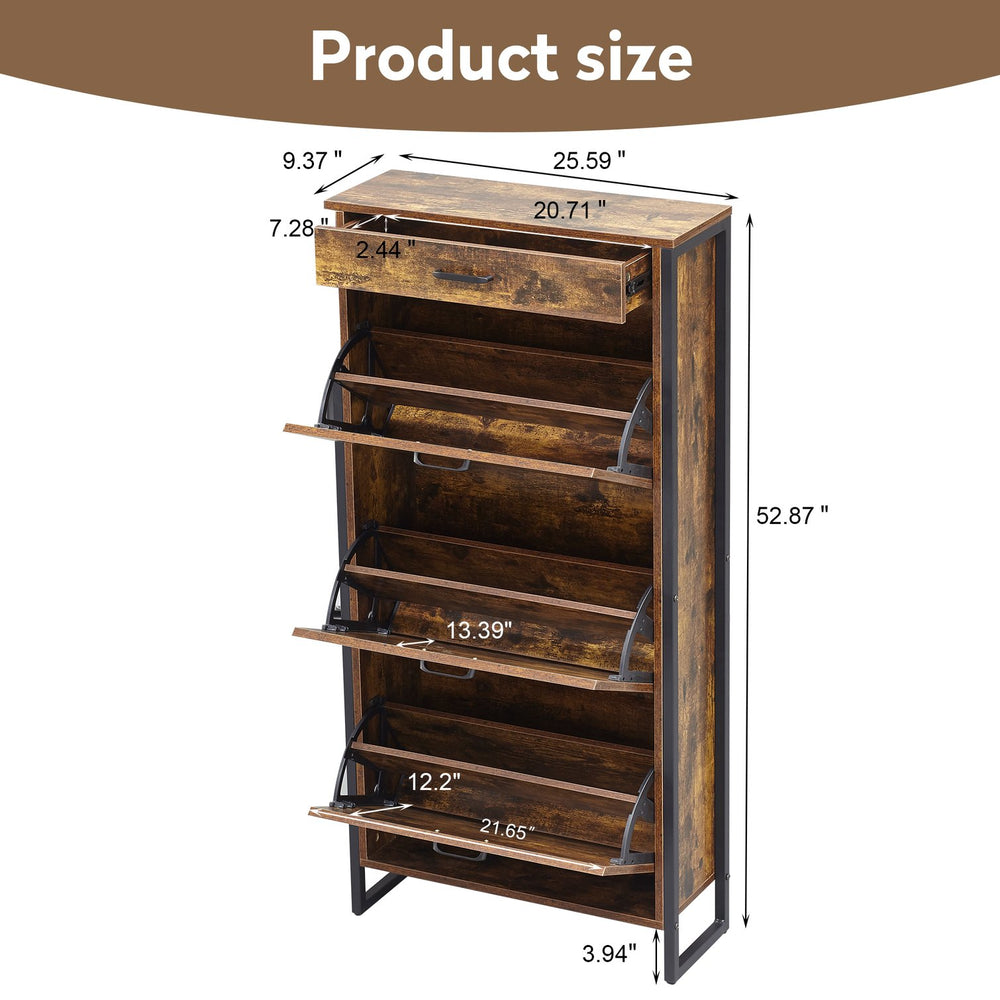 English Elm Shoe Cabinet Slim 3-Flip Drawers with Top Drawer and Metal Handles, Rustic Brown Entryway Organizer W2948P245242
