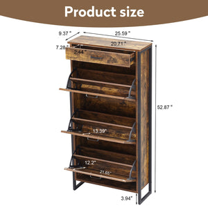 English Elm Shoe Cabinet Slim 3-Flip Drawers with Top Drawer and Metal Handles, Rustic Brown Entryway Organizer W2948P245242
