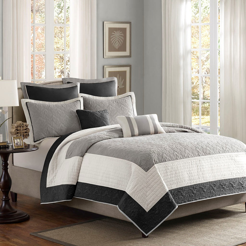 English Elm 7 Piece Attingham Reversible Quilt Set Full/Queen in Neutral Black Ivory Grey with Euro Shams Black 22.64 L x 17.91 W x 9.06 H B03597420