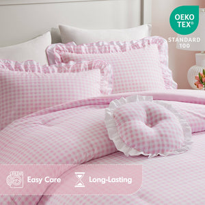 English Elm 4-piece Gingham Ruffle Comforter Set Romantic Cottage Bedroom Brushed Polyester Fill Pink B035P463188
