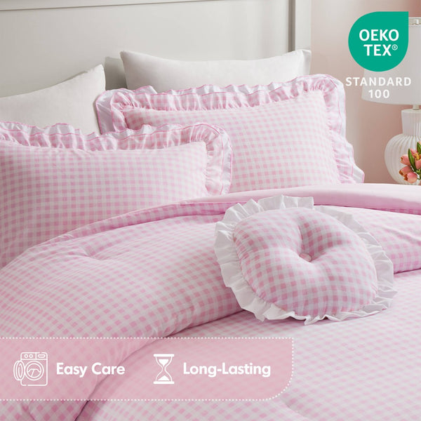 English Elm 4-piece Gingham Ruffle Comforter Set Romantic Cottage Bedroom Brushed Polyester Fill Pink B035P463188