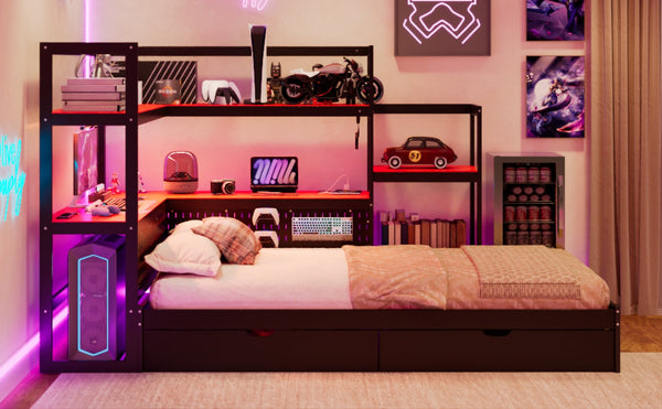 English Elm Twin Gaming Daybed with Led Strips Desk Pegboard Bookcase and Three Storage Drawers Black+Red N820S00083J