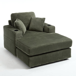 English Elm [New]Corduroy Upholstered Chaise Lounge Sofa with Detachable Cushions, Deep Seat, Cup Holders Green W2120P322754