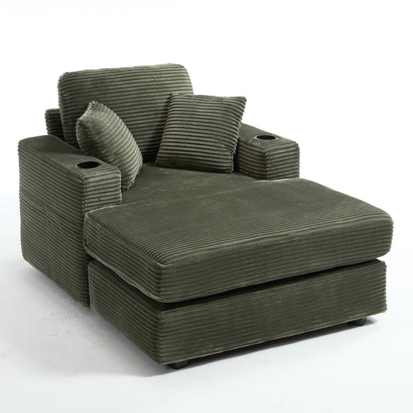 English Elm [New]Corduroy Upholstered Chaise Lounge Sofa with Detachable Cushions, Deep Seat, Cup Holders Green W2120P322754