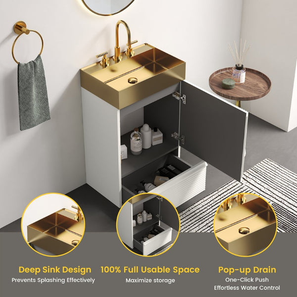 English Elm Gada Fluted Sage Freestanding Bathroom Vanity with Brushed Brass Vessel Sink Cabinet Matte White W1865S00215