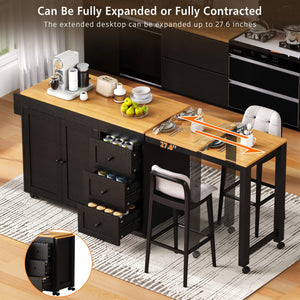 English Elm K&K 43.3" Kitchen Island with 27.6" Extendable Dining Table, Power Outlet, 7 Wheels, Ample Storage Black N707P303401B