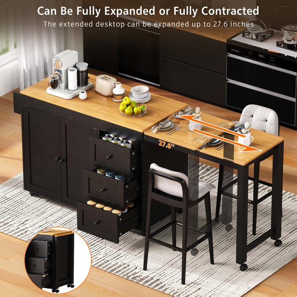 English Elm K&K 43.3" Kitchen Island with 27.6" Extendable Dining Table, Power Outlet, 7 Wheels, Ample Storage Black N707P303401B