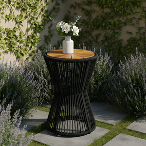 English Elm Outdoor Acacia Wood Top Side Table Woven Rope Iron Frame Hourglass Patio Accent Black,Teak N770P354691B